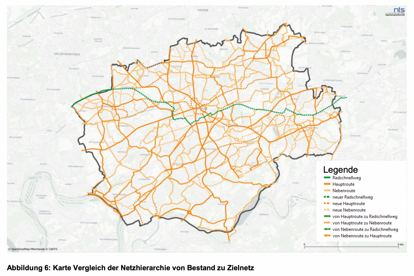 Sachstand Radverkehrskonzept: Karte Vergleich der Netzhierarchie von Bestand zu Zielnetz