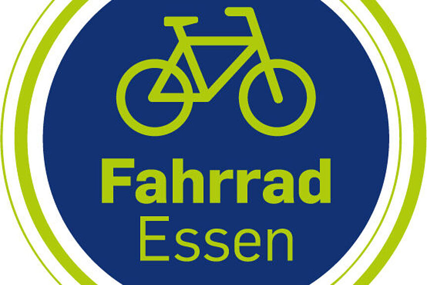 Logo Messe Fahrrad Essen  Das Logo der Messe Fahrrad Essen.  Ein gelbes Fahrrad auf blauem Grund mit gelbem Rand, was insgesamt wie ein Rad eines Fahrrades aussieht.