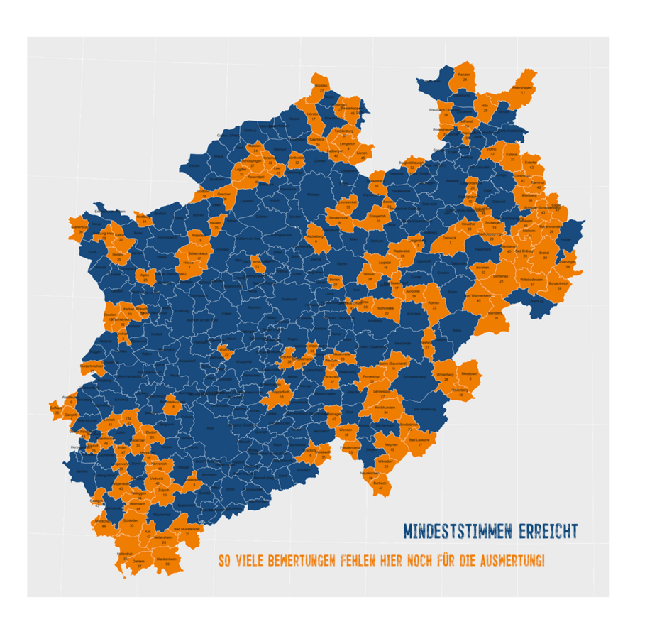 NRW-Karte zum Fahrradklima-Test 2022. Die orange gefärbten Städte und Gemeinden haben die Mindestteilnahmezahl noch nicht erreicht