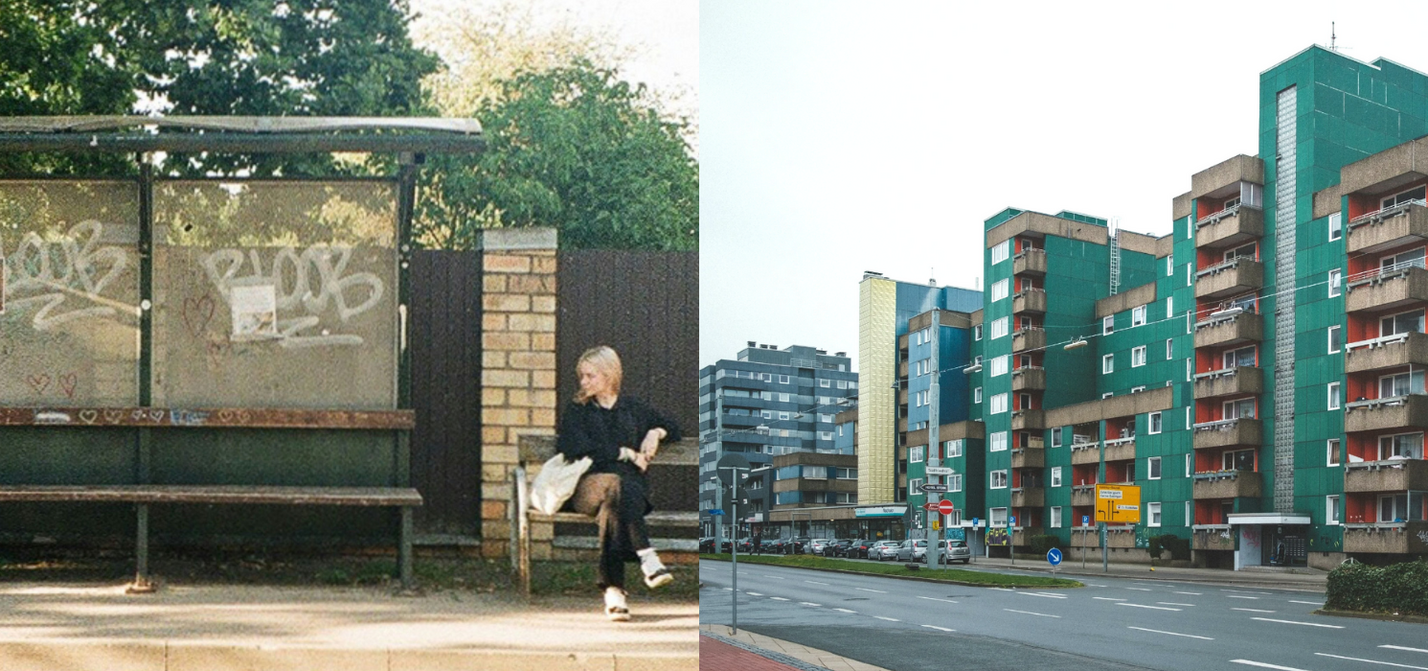 Mobilitätsarmut Auf der linken Bildseite ist eine Frau zu sehen, die an einer Bushhaltestelle, die mit Graffiti besprüht ist, wartet. Auf der rechten Bildseite ist ein Hochhaus-Block an einer Autostraße zu sehen.